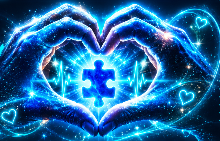 Two brilliant blue hands forming a clear heart around a glowing blue puzzle piece